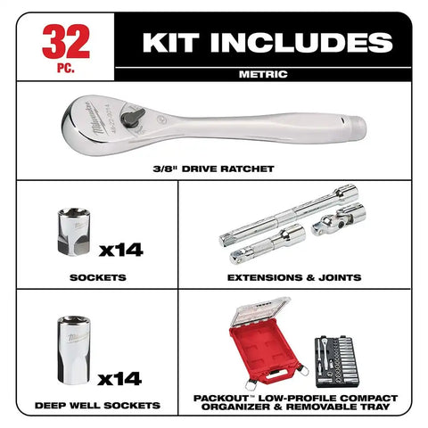 Milwaukee  48-22-9482 3/8” 32pc Ratchet and Socket Set in PACKOUT - Metric