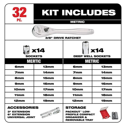Milwaukee  48-22-9482 3/8” 32pc Ratchet and Socket Set in PACKOUT - Metric