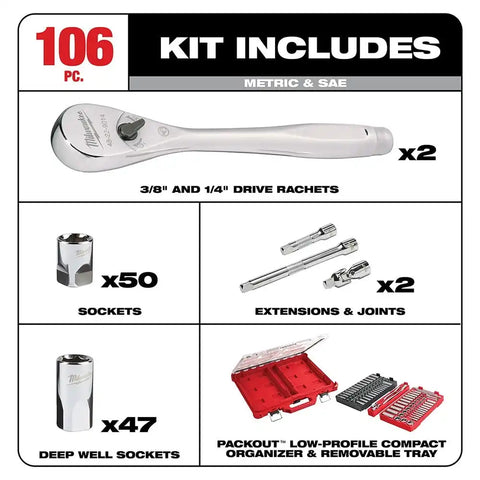 Milwaukee  48-22-9486 1/4" & 3/8”  106pc Ratchet and Socket Set in PACKOUT - SAE & Metric