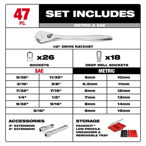 Milwaukee 48-22-9487 47PC 1/2" Drive Ratchet & Socket Set with PACKOUT Organizer