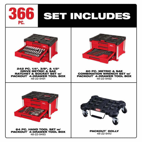 Milwaukee 48-22-9495 366pc. Master Mechanics Hand Tool Set with PACKOUT Drawers and Dolly