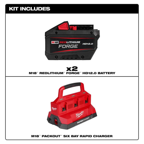 Milwaukee 48-59-1842F M18 18V Lithium-Ion REDLITHIUM FORGE Starter Kit with Two 12.0 Ah Battery Packs and PACKOUT 6-Port Rapid Charger