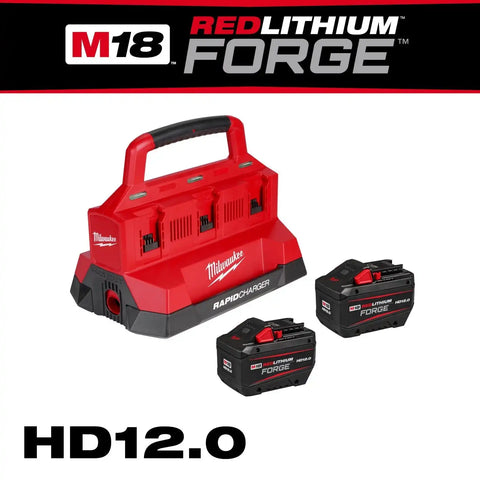 Milwaukee 48-59-1842F M18 18V Lithium-Ion REDLITHIUM FORGE Starter Kit with Two 12.0 Ah Battery Packs and PACKOUT 6-Port Rapid Charger