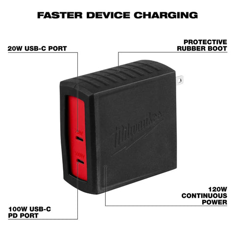 Milwaukee 48-59-2847 120W USB-C 2-Port Wall Adapter for Faster Device Charging