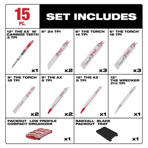 Milwaukee 49-22-5641 15PC SAWZALL Blade PACKOUT Kit