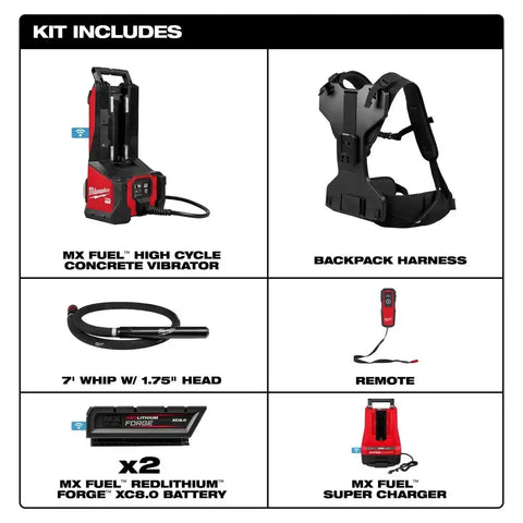 Milwaukee MXF372-2XCB MX FUEL Backpack High Cycle Concrete Vibrator Kit w/ 7' Whip / 1.75" Head